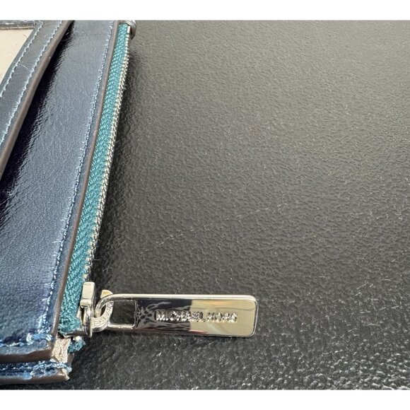 Michael Kors Jet Set Blue Metallic Leather Card Holder Zipper Pouch Key Ring - Picture 4 of 6